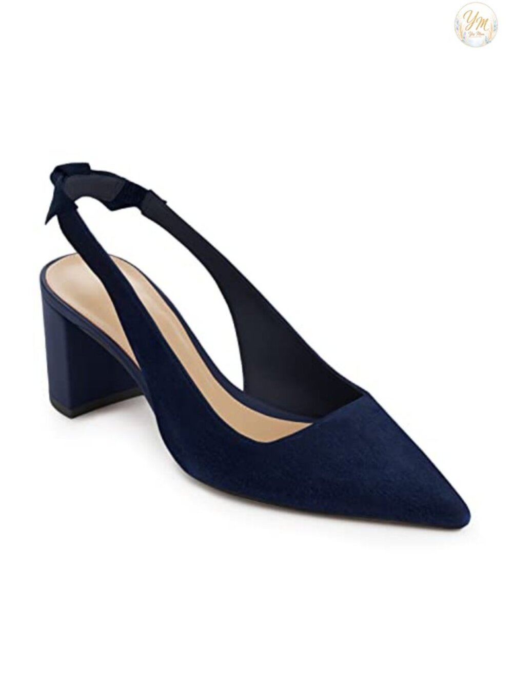 Faux Suede Pointed Toe Slingback Bowknot Chunky Block Heel Pumps
